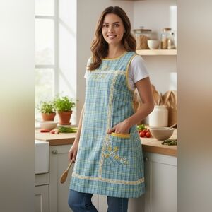 Mexican Mandil Aprons Plaid Ribbon Embroidered Roomy Pockets Retro Tie Back 40